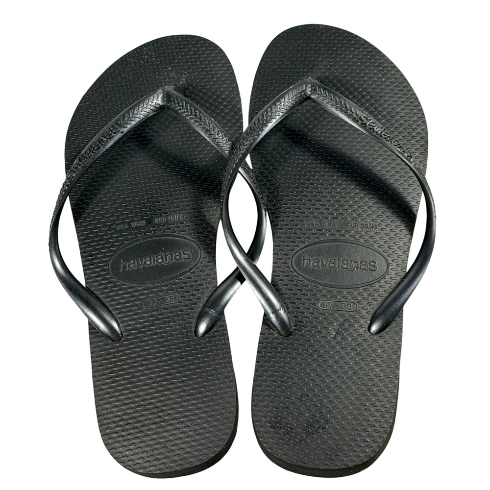 Havaianas Slim Flip Flop Sandals Women 7/8 Black Rubber Thong Beach Minimalist